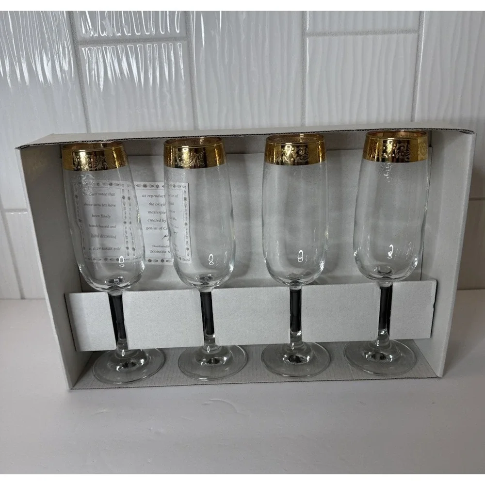 VTG Cellini Italian Crystal Champagne Flutes Wine Glass Gold Rim Set 4 Org Box